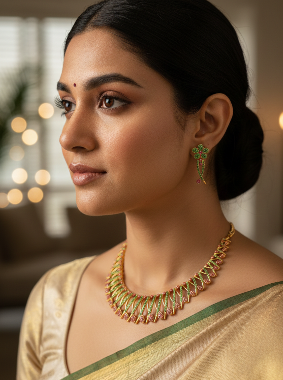 MEGHANA PINK GREEN LEAF DESIGN NECKLACE
