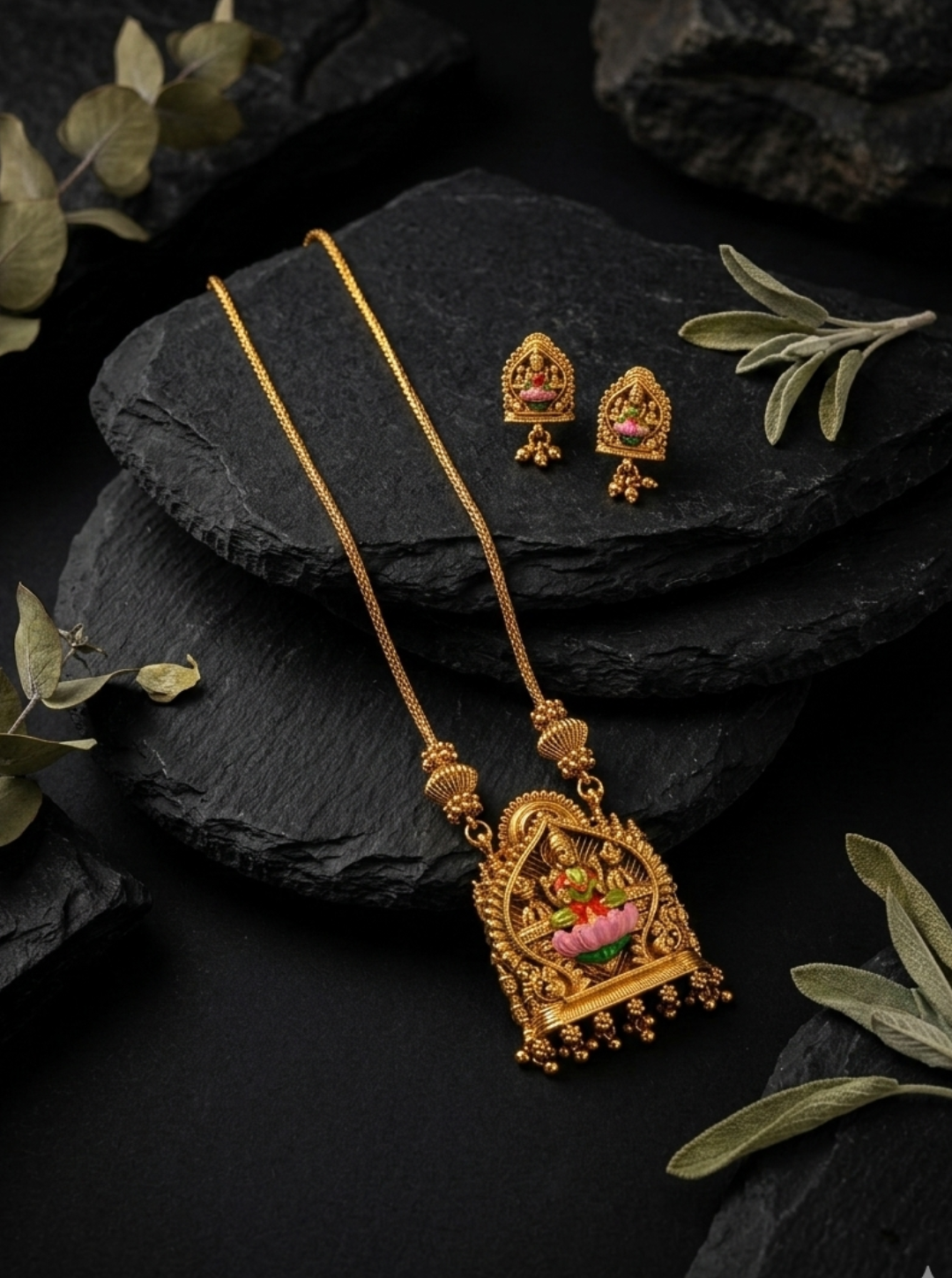 Ethnic Lakshmi necklace with lotus pendant and matching stud earrings
