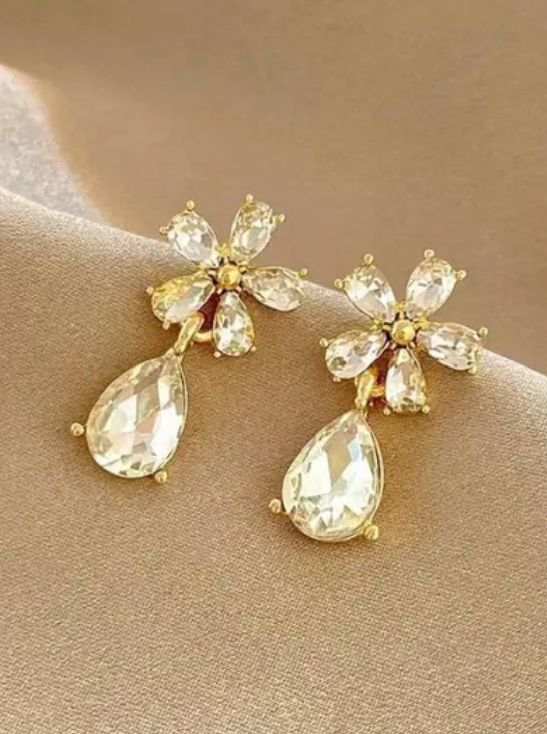 Gold-tone crystal flower drop earrings with teardrop stone – Ladybreeze