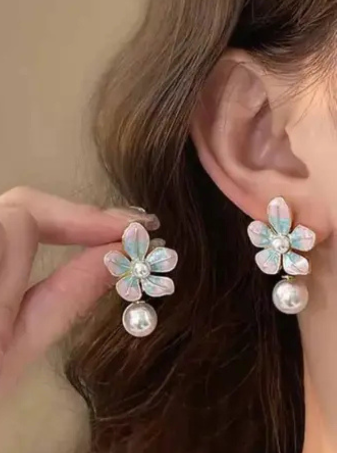 Pastel pink and aqua floral earrings with pearl drops – Ladybreeze