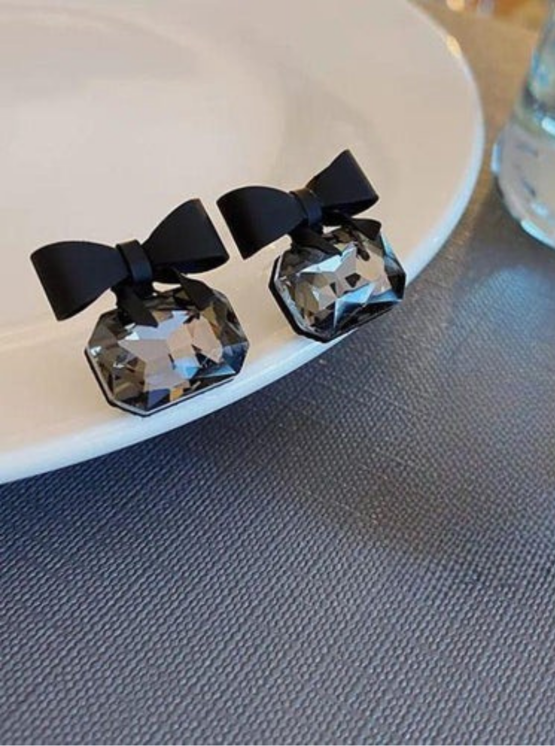 Black bow stud earrings with smoky crystal center – Ladybreeze