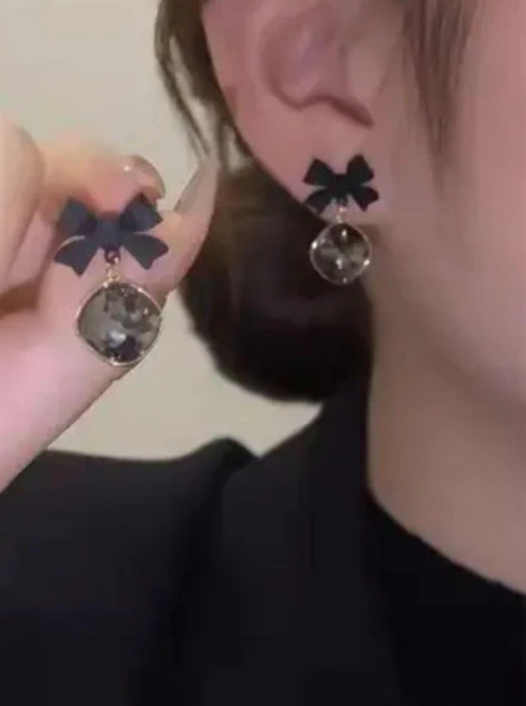 Korean-style black satin bow earrings with crystal accent – Ladybreeze