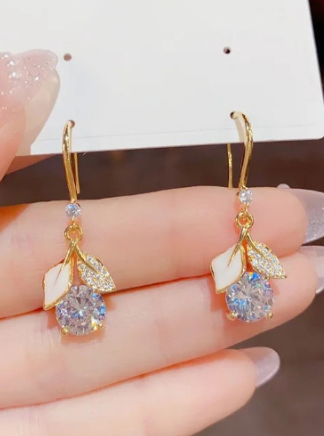 Elegant dual-leaf motif earrings with lavender sparkle – Ladybreeze