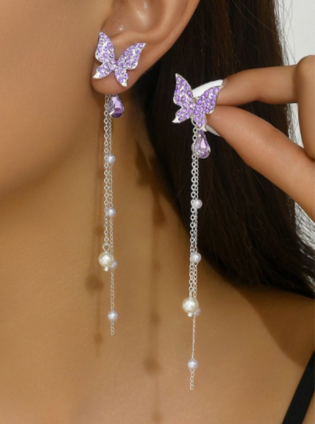 Elegant butterfly stud earrings with dual silver chains – Ladybreeze