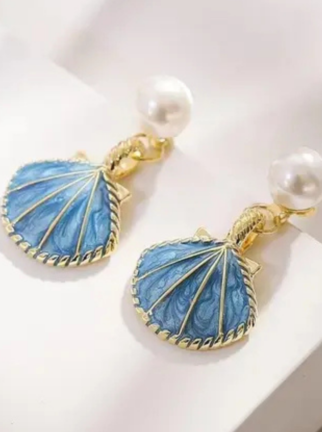 Blue shell drop earrings with faux pearl studs and gold trim – Ladybreeze