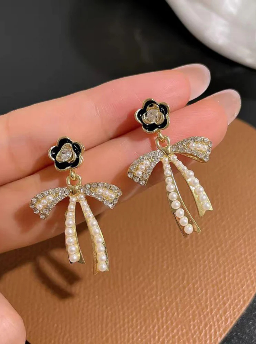 Black floral stud bow drop earrings with pearls