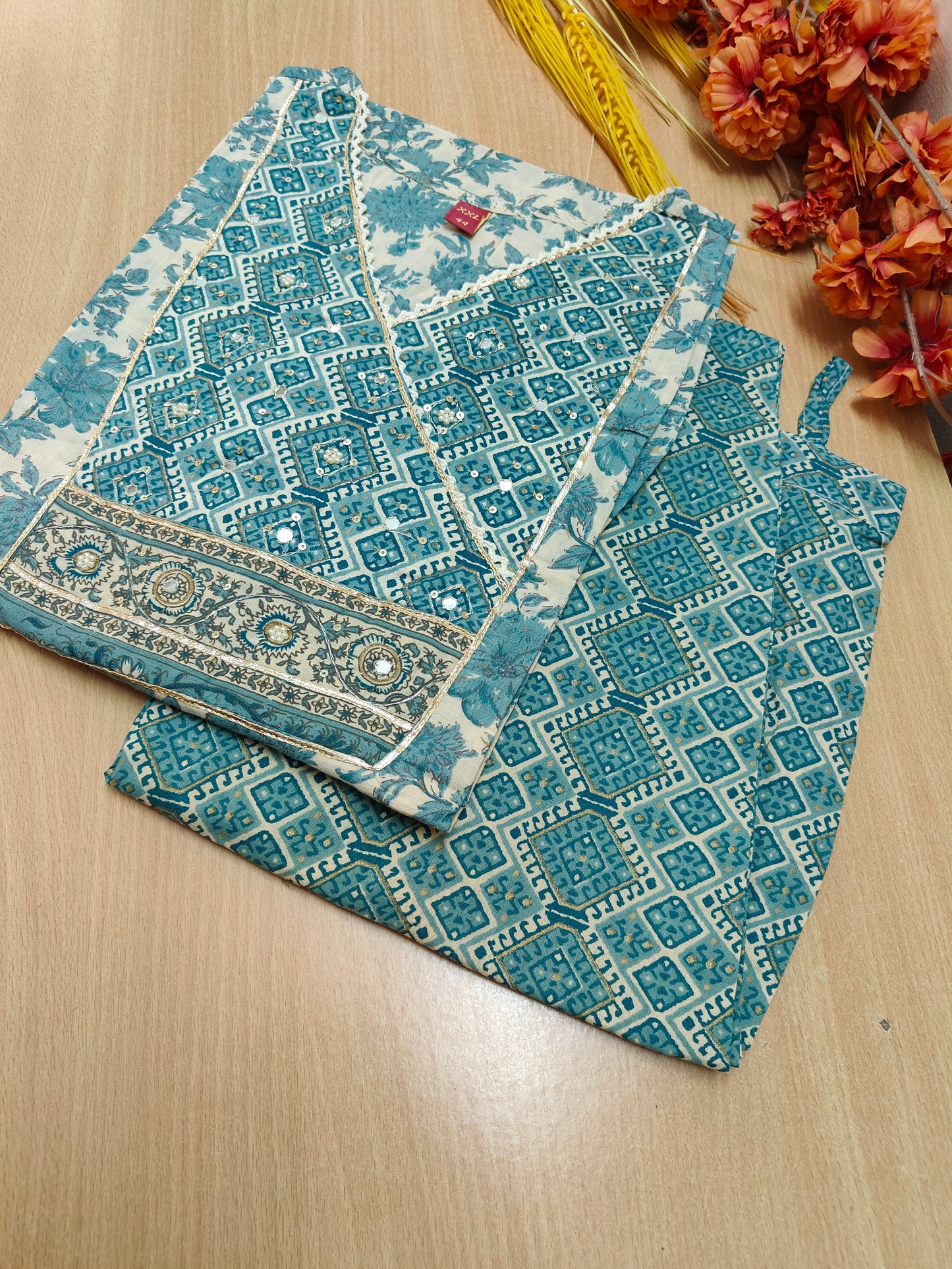 BEIGE-BLUE KURTI SET