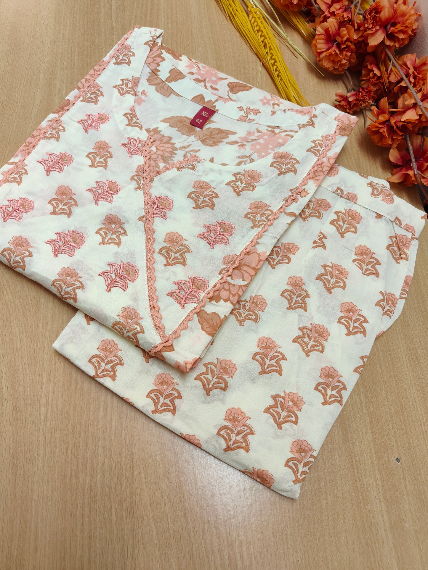 WHITE-PEACH KURTI SET