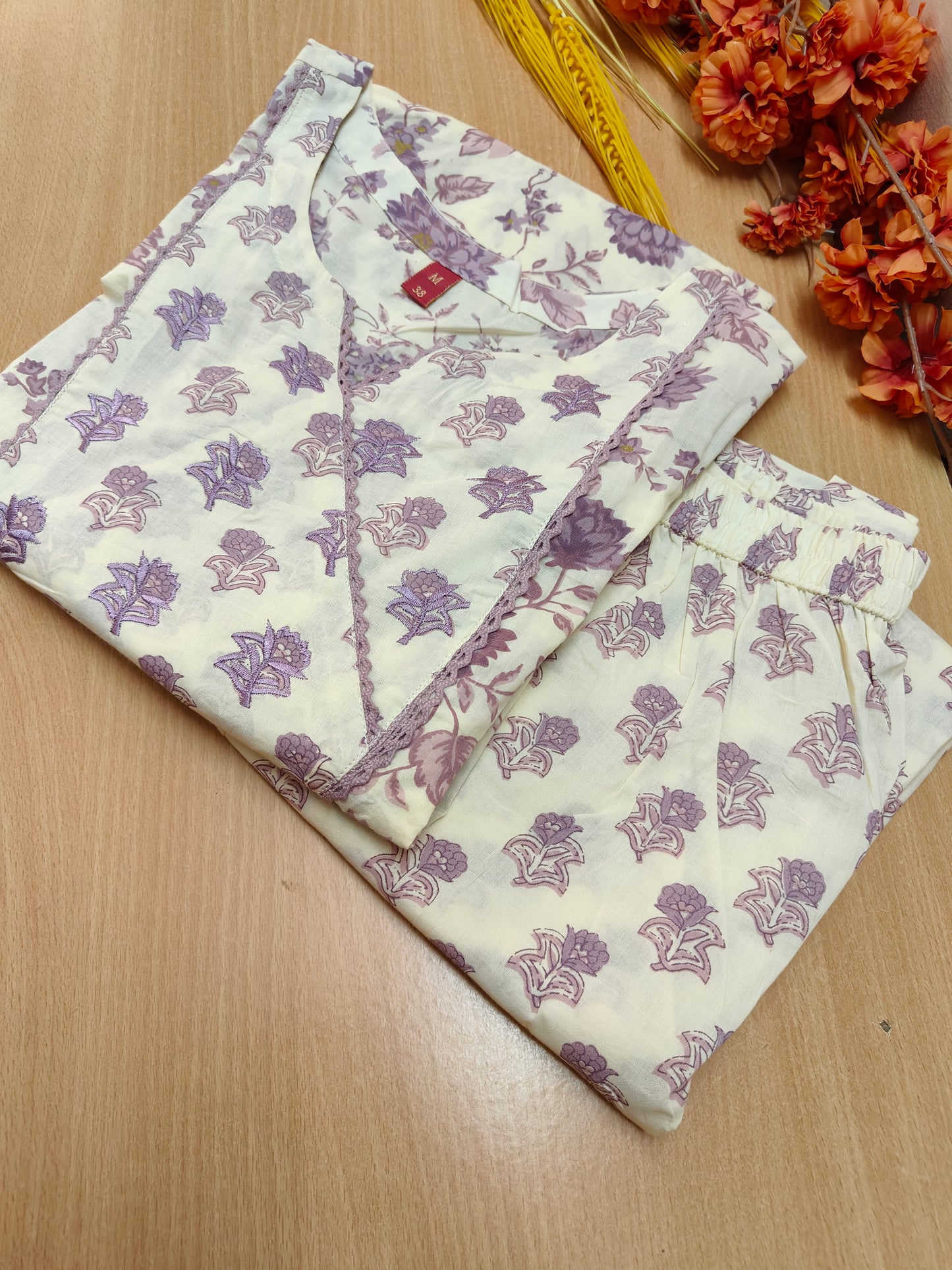 WHITE-LAVENDAR KURTI SET