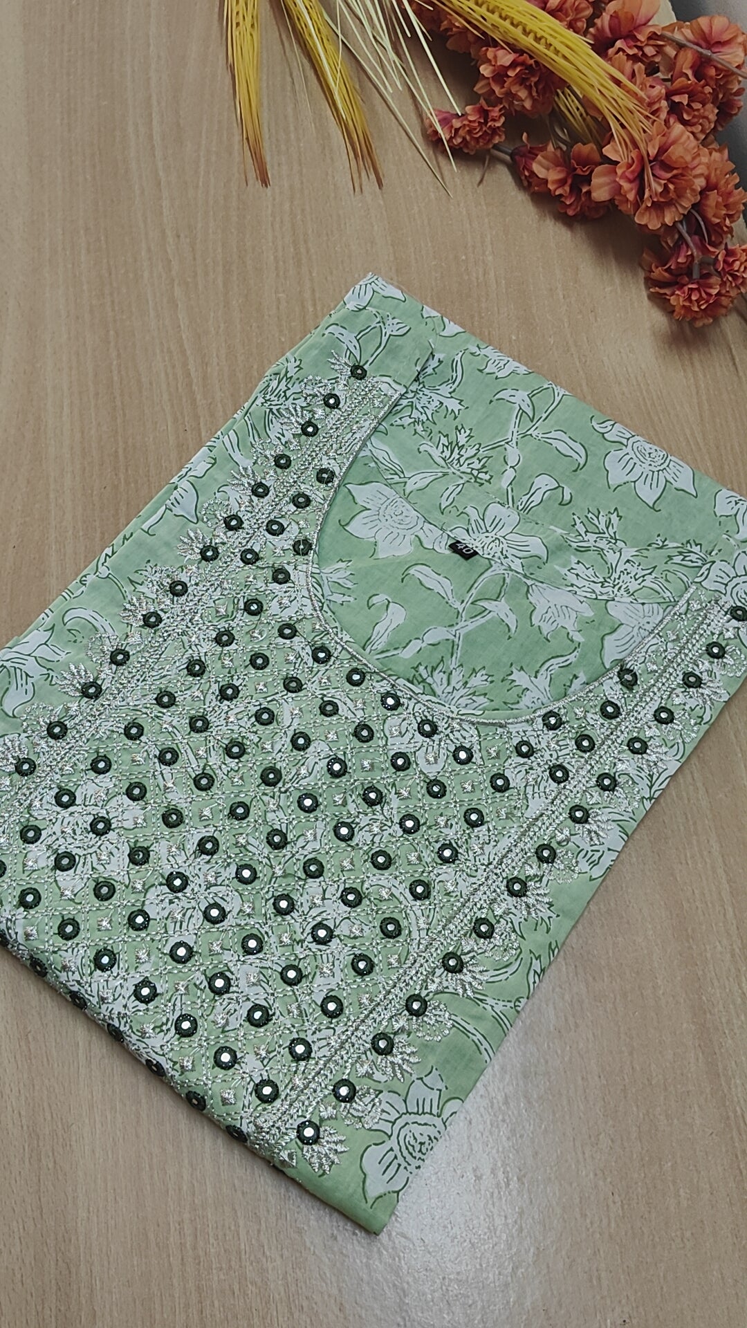 GREEN YOKE PATTERNED COTTON KURTI