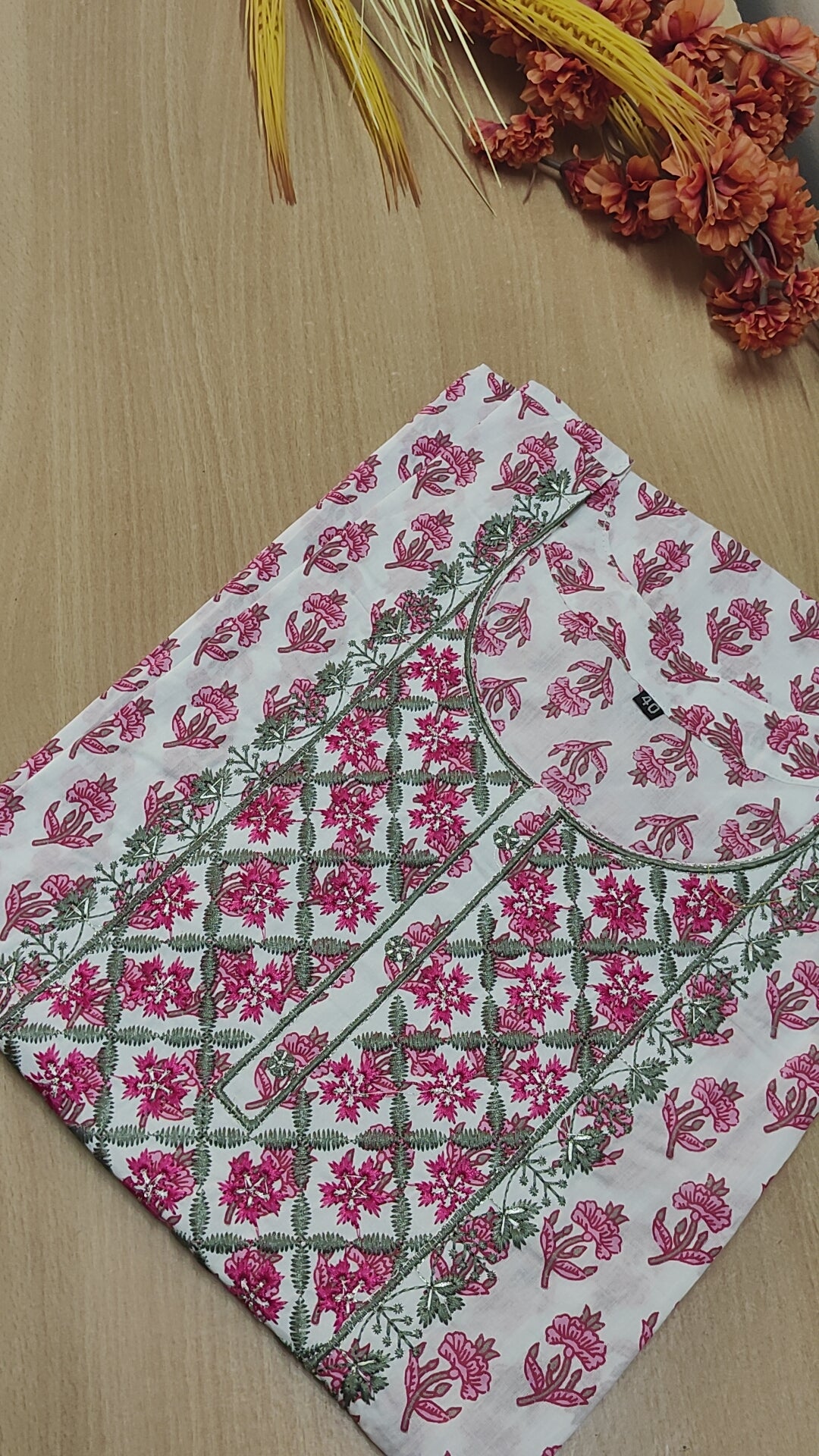 WHITE-PINK YOKE PATTERNED COTTON KURTI