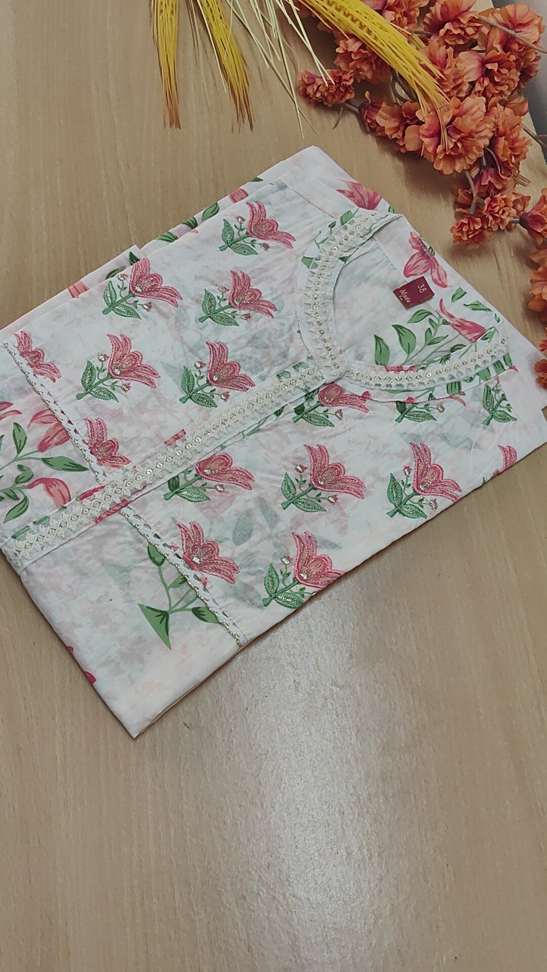 WHITE-PEACH COTTON KURTI