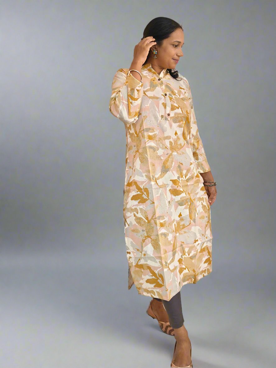 YELLOW LEAF PRINT FLEX COTTON KURTI