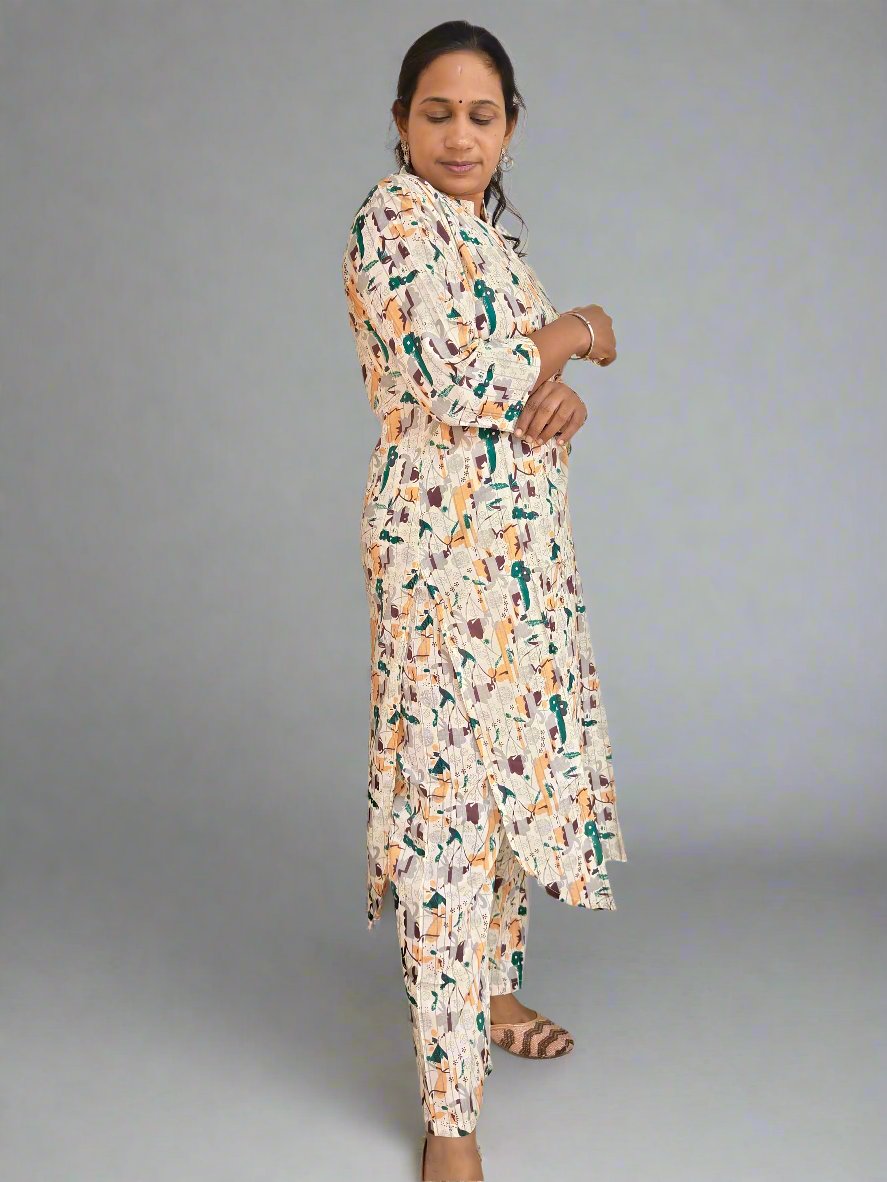 OFF WHITE ABSTRACT PRINT COTTON KURTI SET