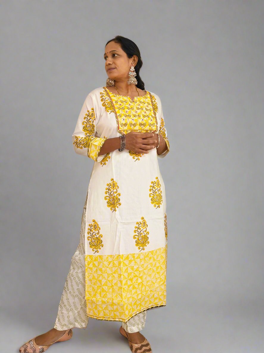 WHITE-YELLOW KURTI SET