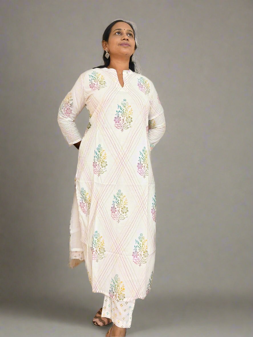 WHITE HANDBLOCKED KURTI SET