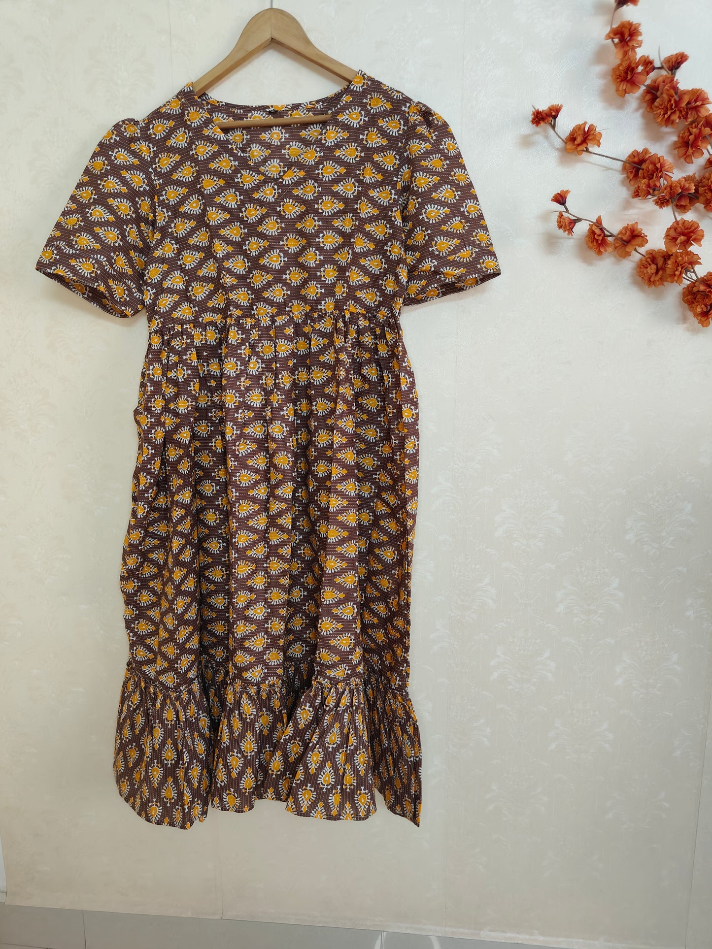 BROWN & YELLOW PRINTED COTTON MAXI