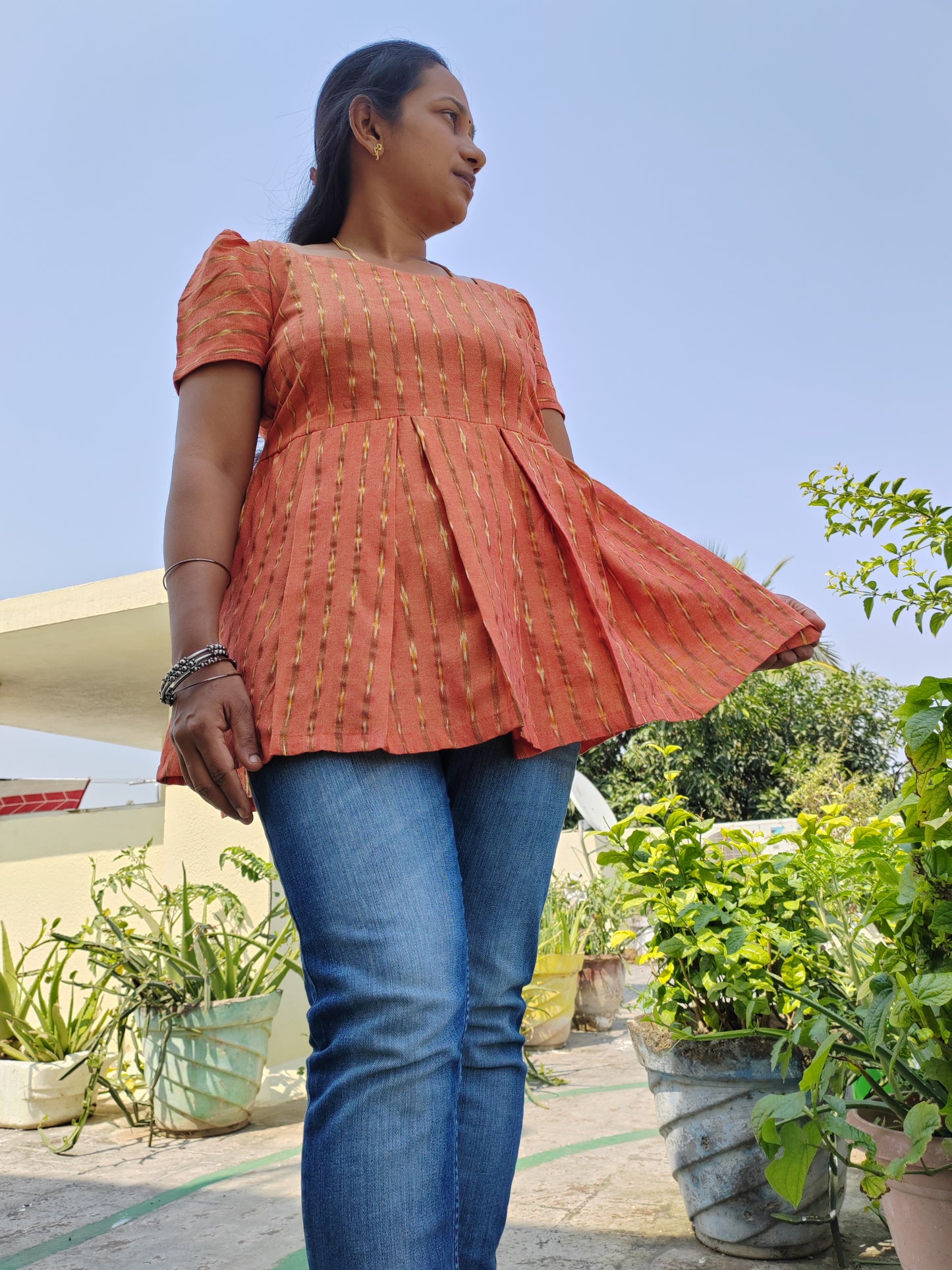 ORANGE IKKAT PEPLUM SHORT TOPS