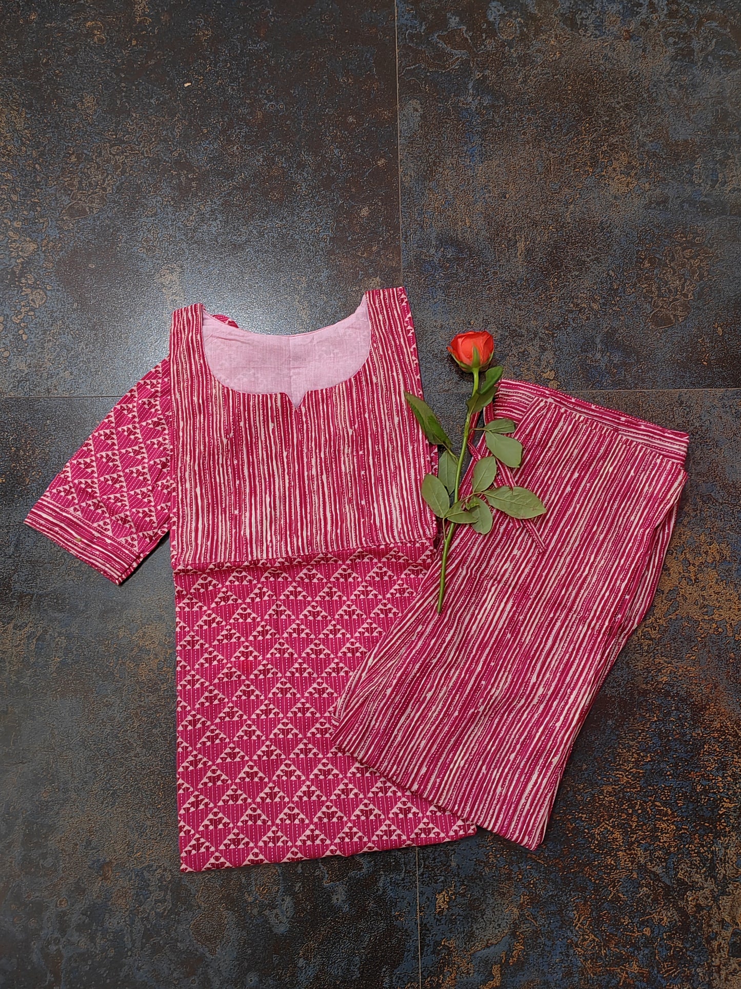 PINK KANTHA COTTON KURTI SET