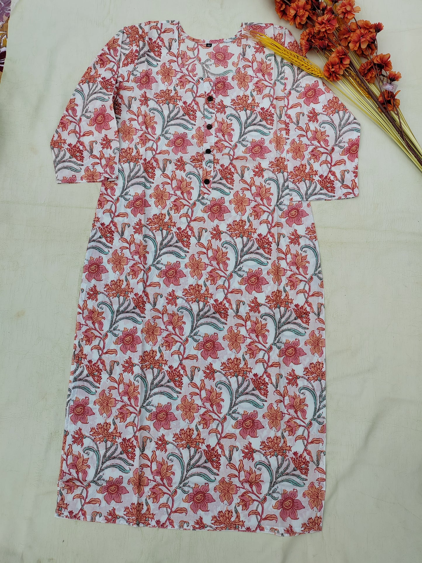 WHITE-PEACH FLORAL KURTI