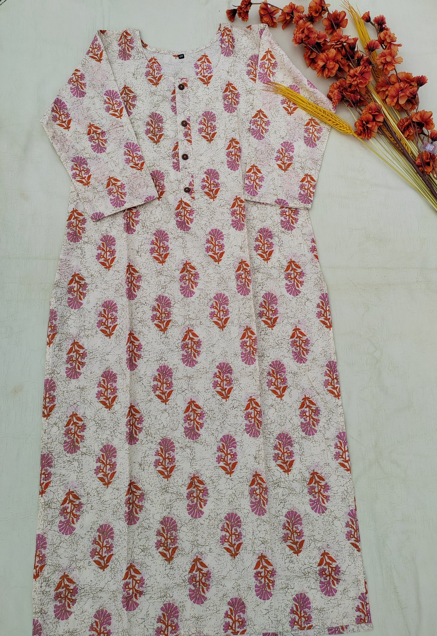 WHITE-PEACH MOTIF KURTI