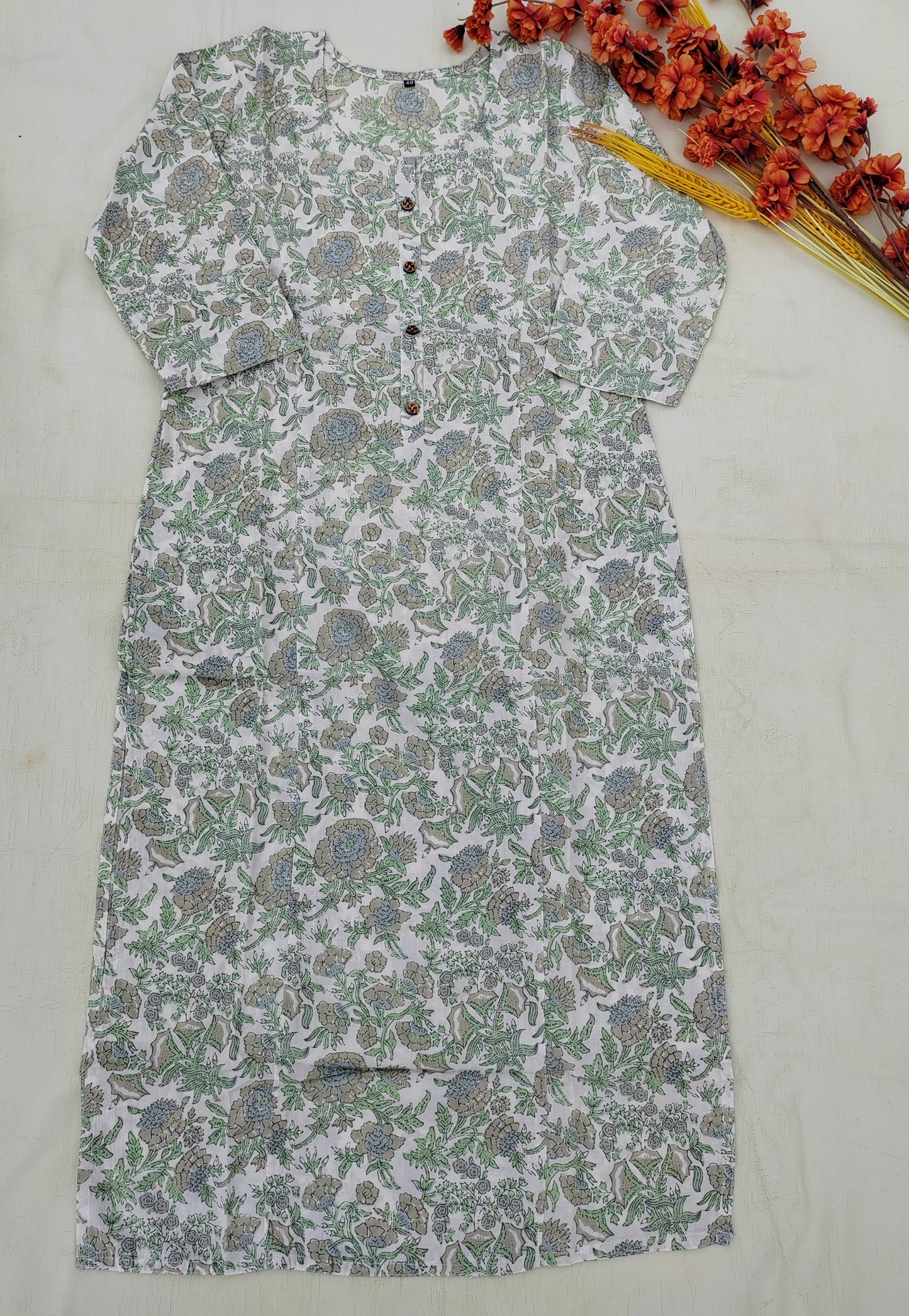WHITE-GREEN COTTON KURTI