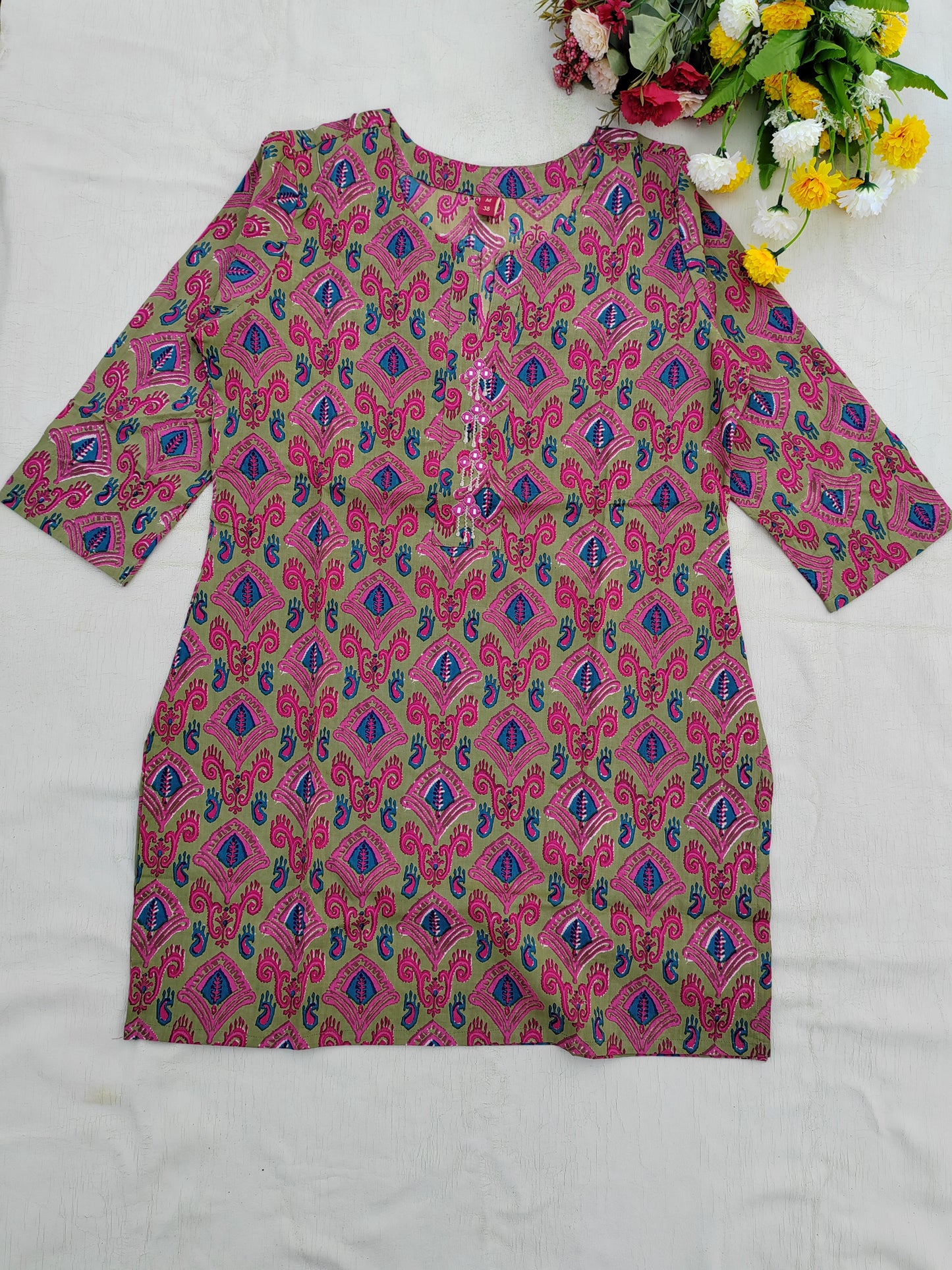 GREEN COTTON FLORAL SHORT KURTI