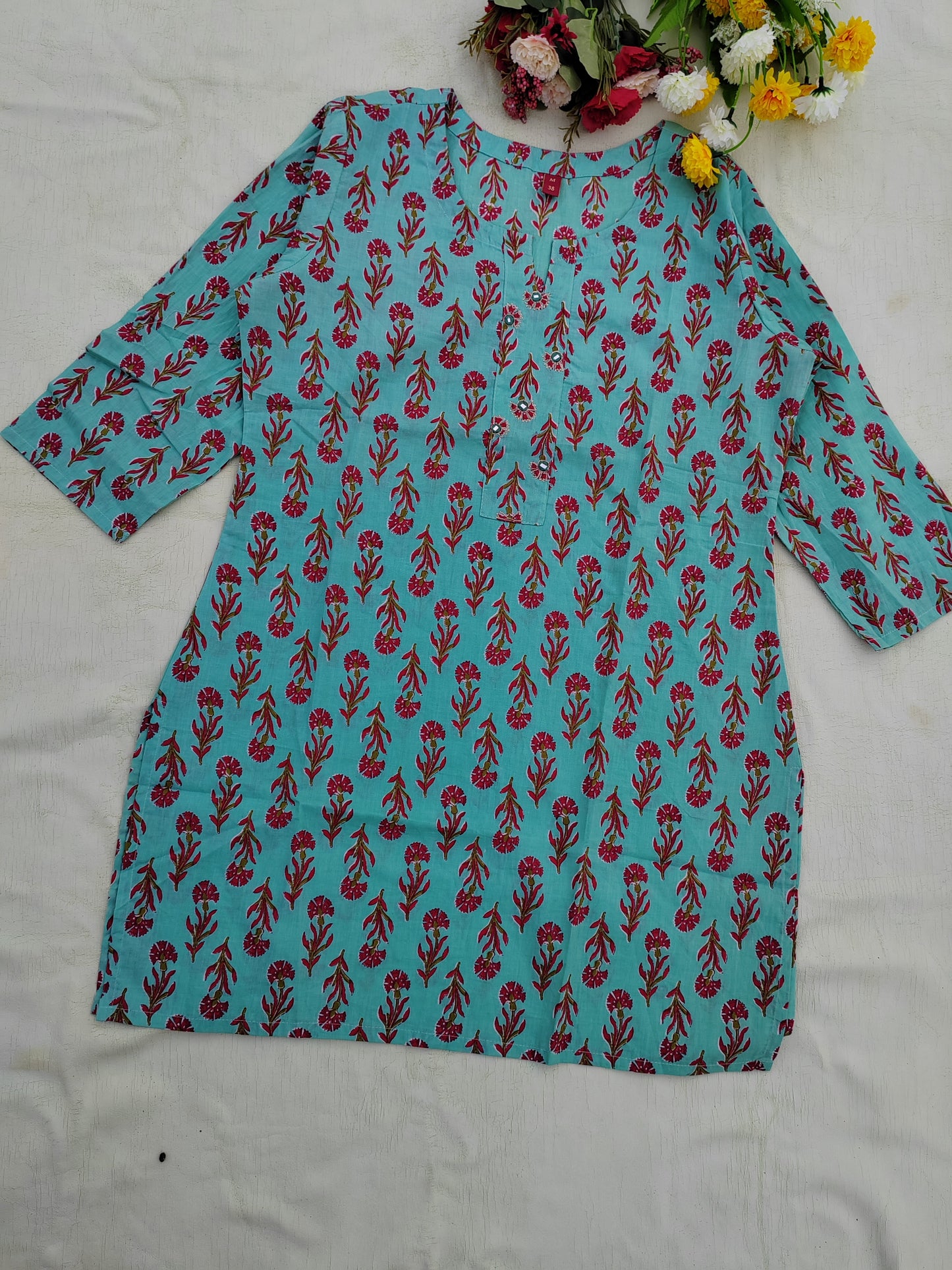 LIGHT BLUE COTTON FLORAL SHORT KURTI