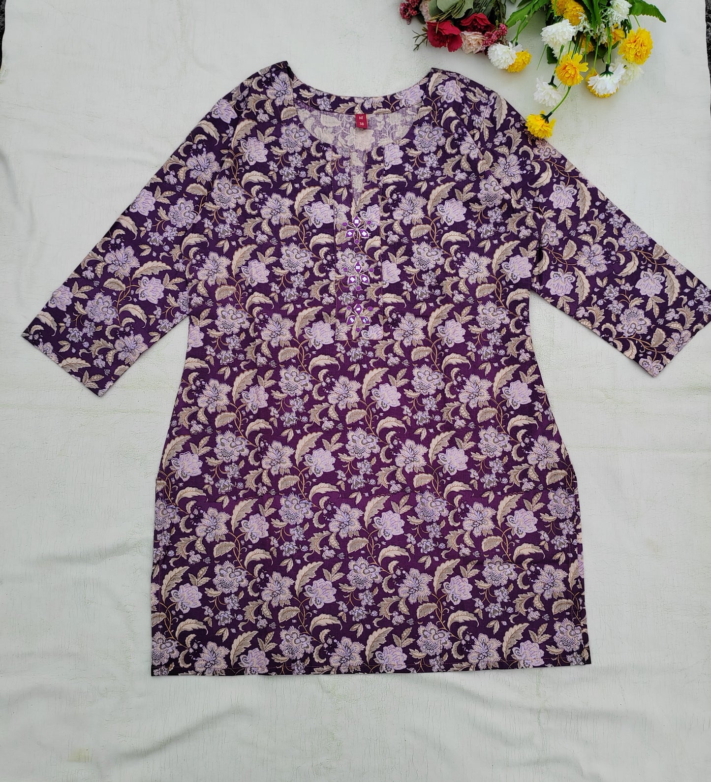 PURPLE COTTON FLORAL SHORT KURTI