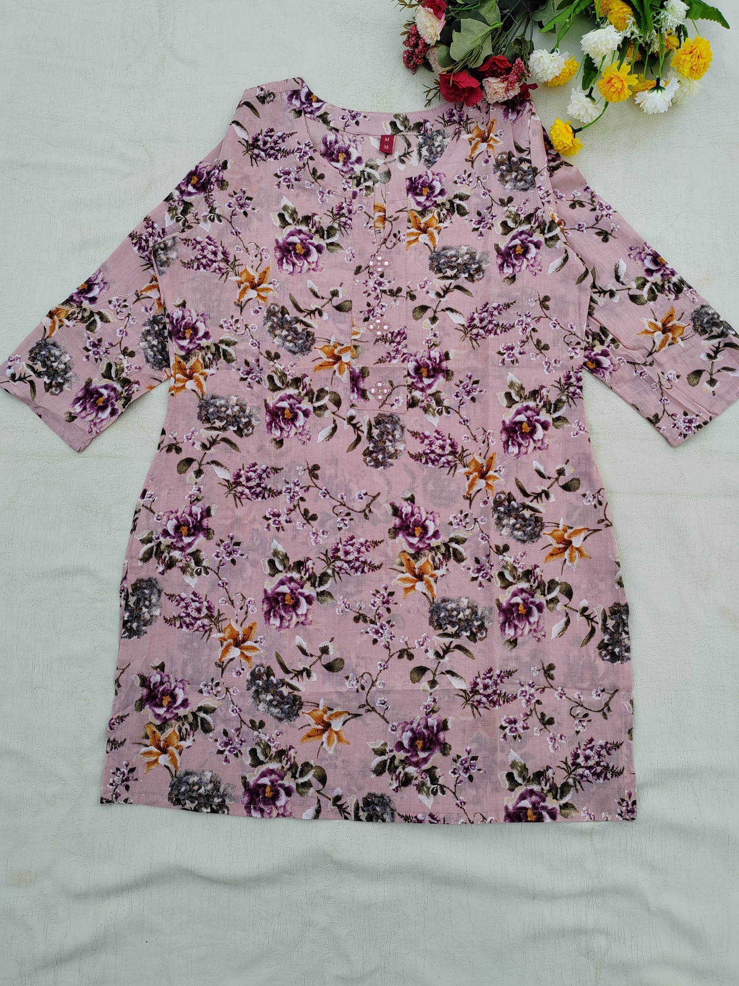 BABY PINK COTTON FLORAL SHORT KURTI