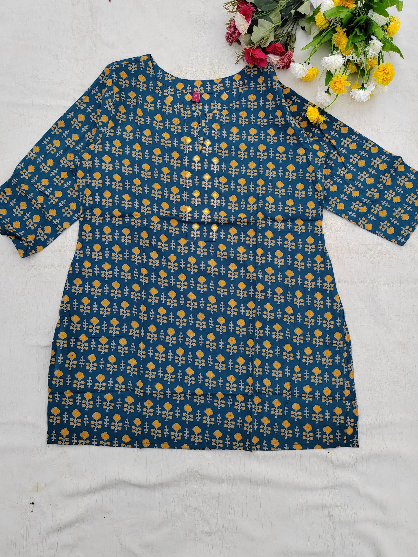 BLUE COTTON FLORAL SHORT KURTI