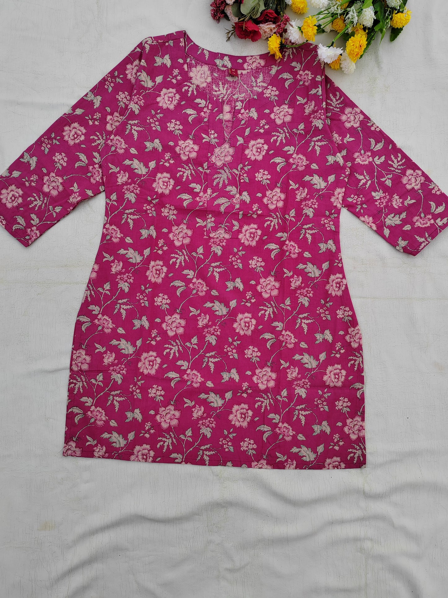 PINK COTTON FLORAL SHORT KURTI