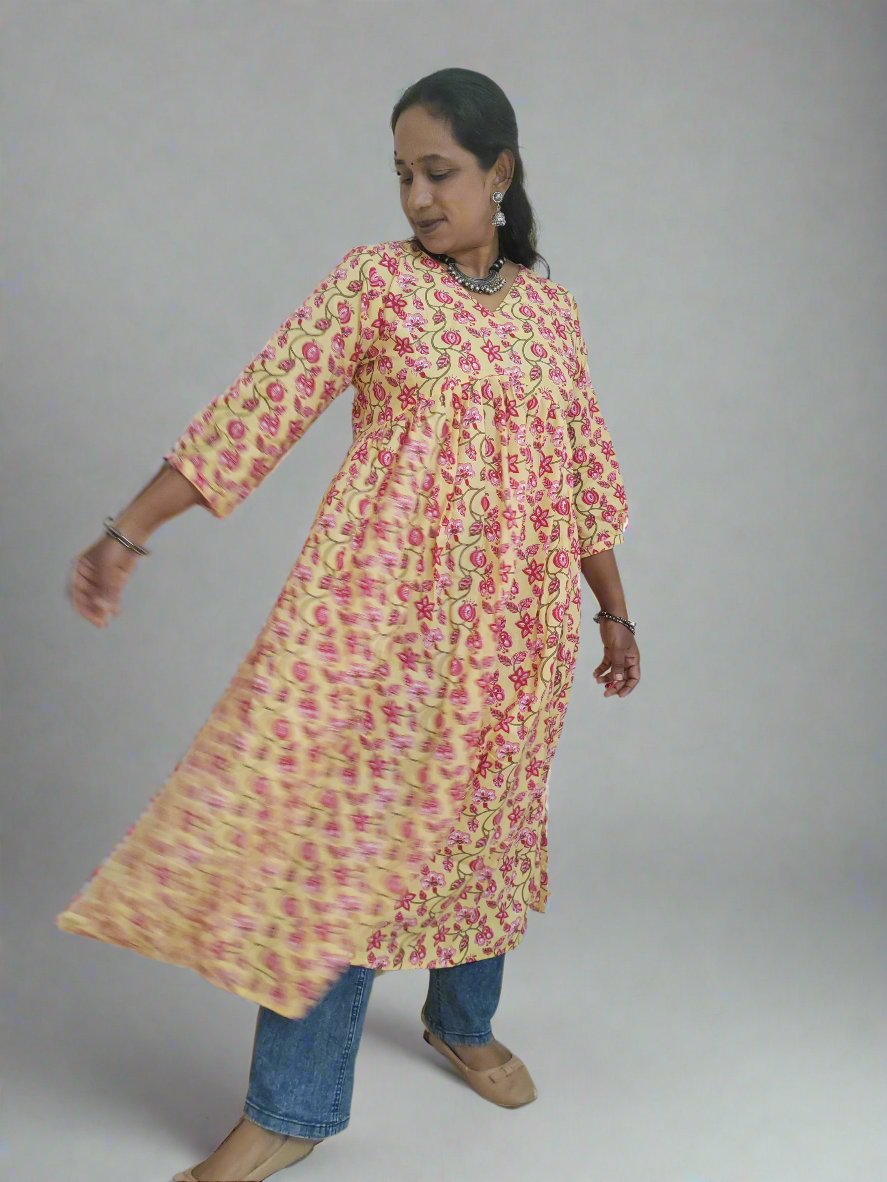 YELLOW ALIA CUT COTTON KURTI