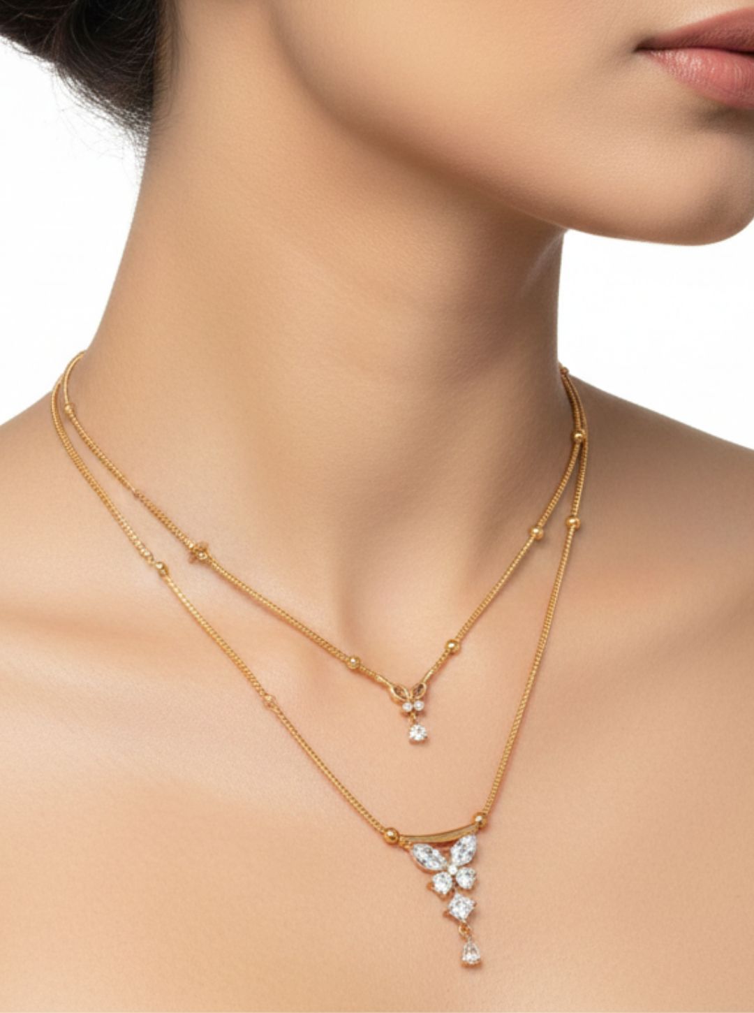 DUAL LAYER CZ FLORAL DROP NECKLACE