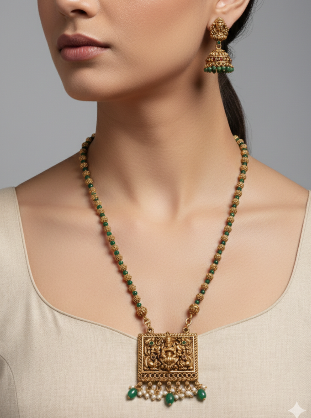 HARINI TEMPLE GREEN BEAD LONG NECKLACE