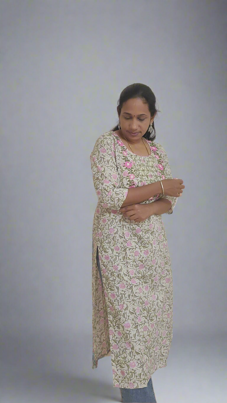 GREEN YOKE PATTERNED COTTON KURTI