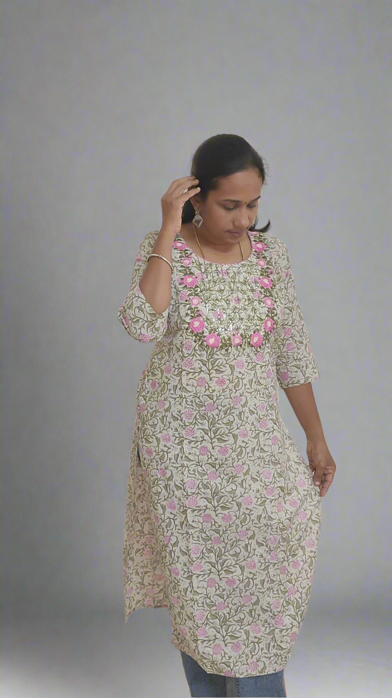 GREEN YOKE PATTERNED COTTON KURTI