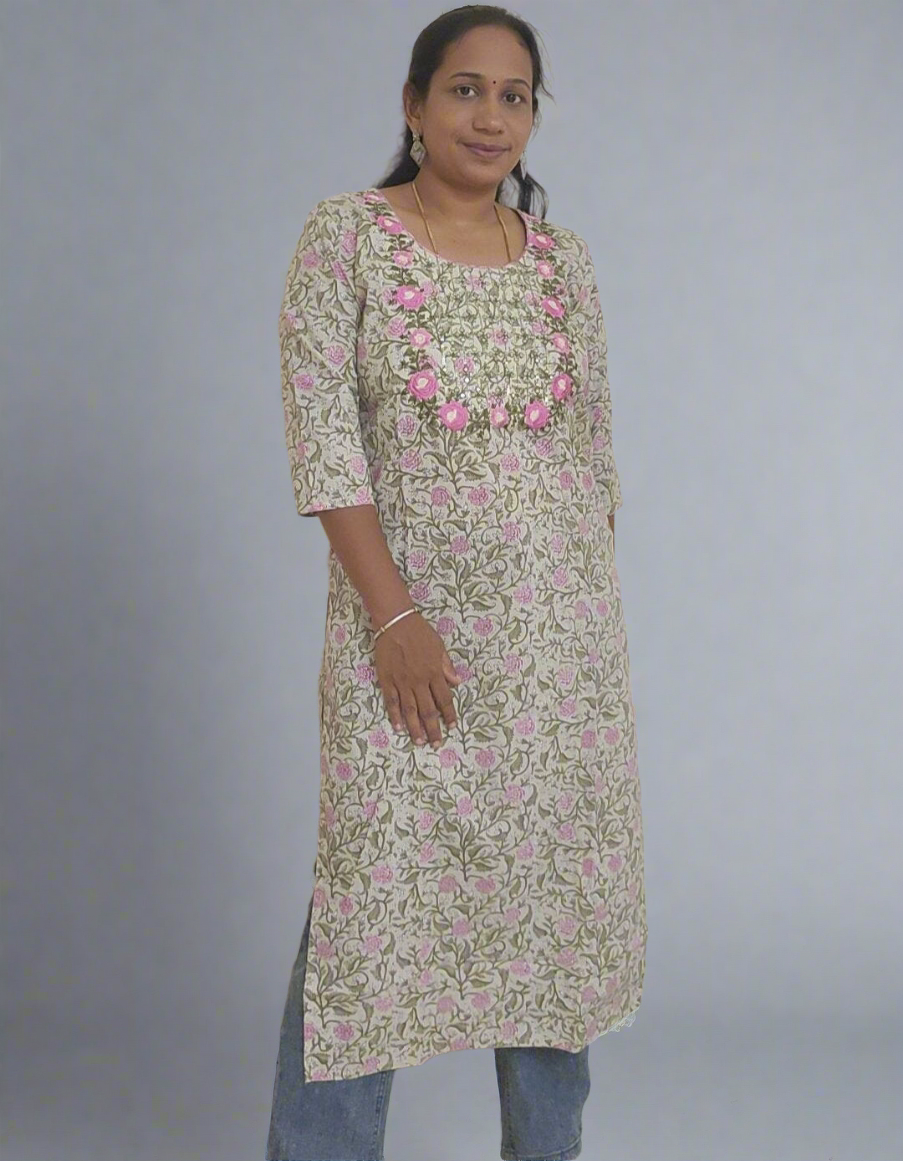 GREEN YOKE PATTERNED COTTON KURTI