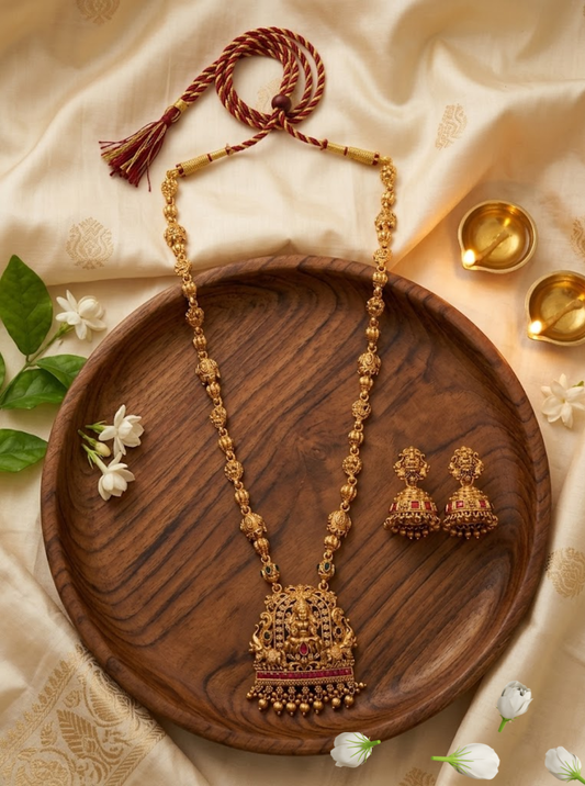 Antique Lakshmi temple pendant necklace with matching jhumka earrings