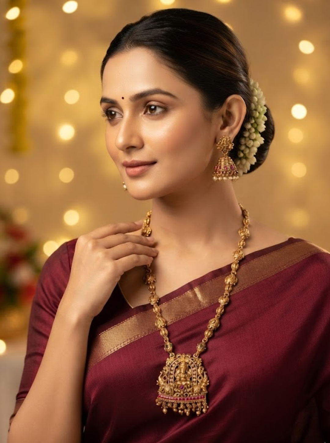 Ethnic temple jewellery with antique bead chain and jhumkas