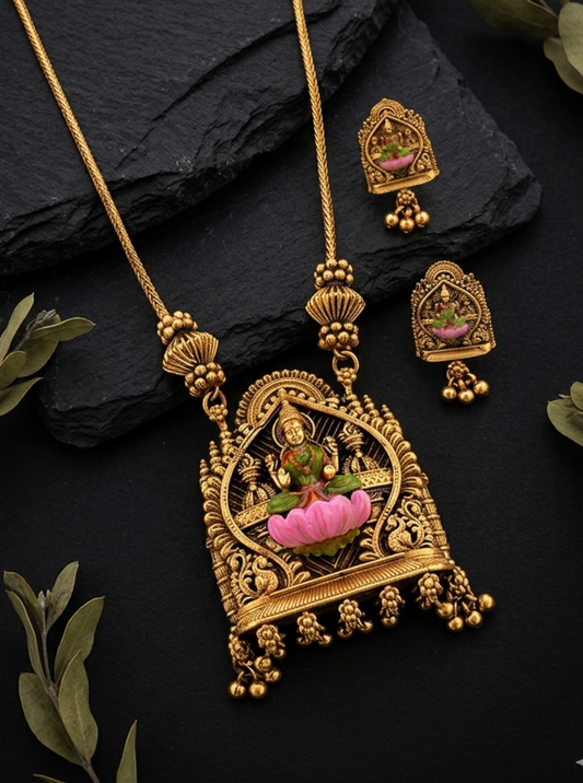 Lakshmi lotus temple necklace set with antique gold finish and matching earrings