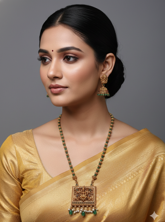 HARINI TEMPLE GREEN BEAD LONG NECKLACE