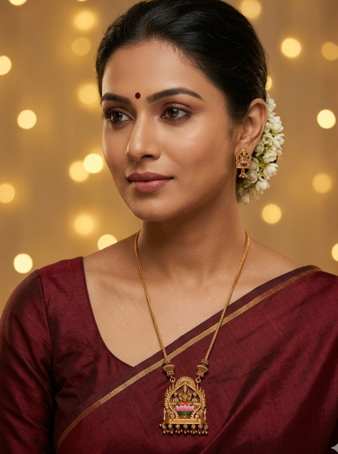 Traditional South Indian Lakshmi pendant necklace with pink lotus design