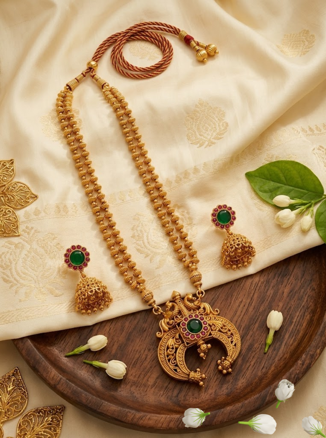 Antique gold peacock necklace set with green and ruby stones and jhumka earrings