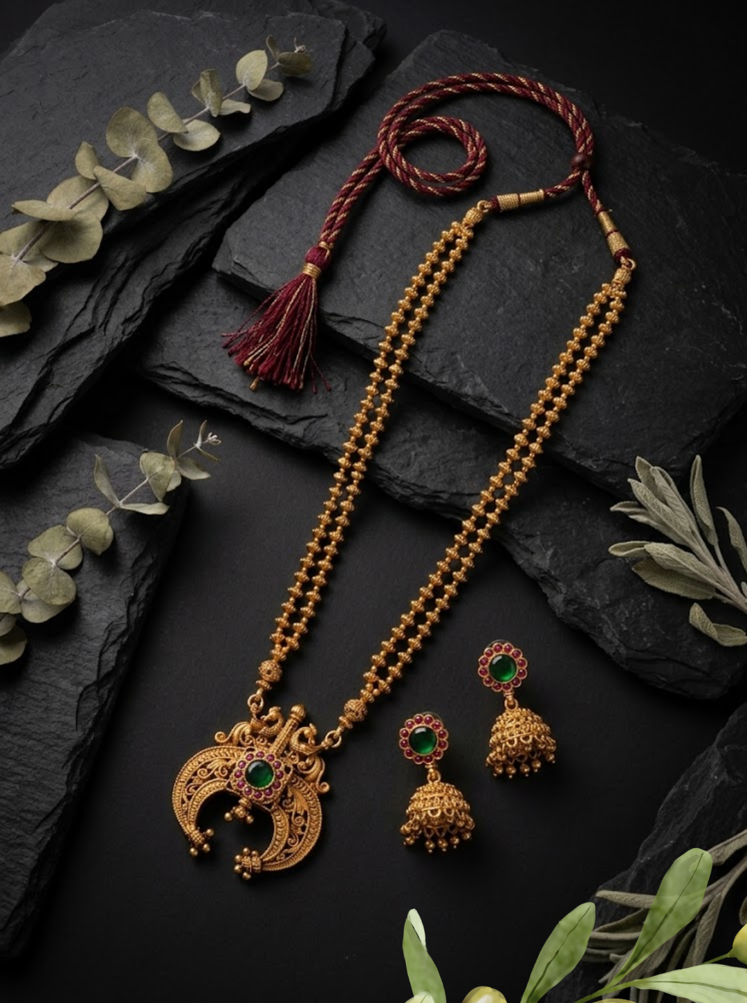 South Indian traditional necklace with peacock pendant and matching jhumkas