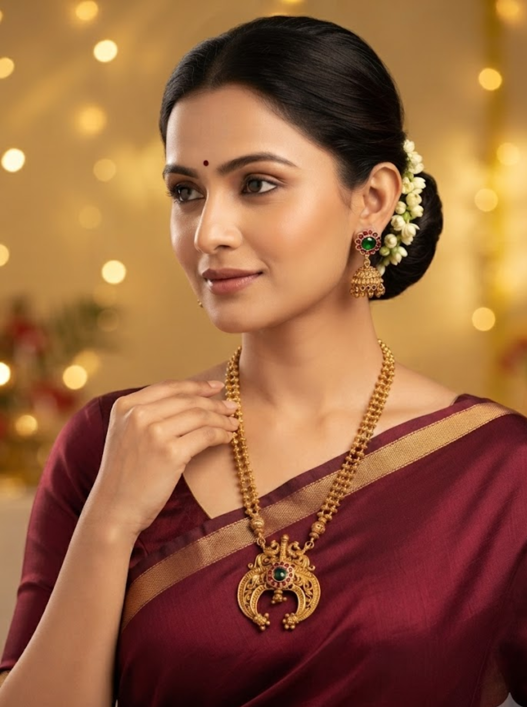 Green stone peacock pendant necklace with ruby accents and antique gold finish