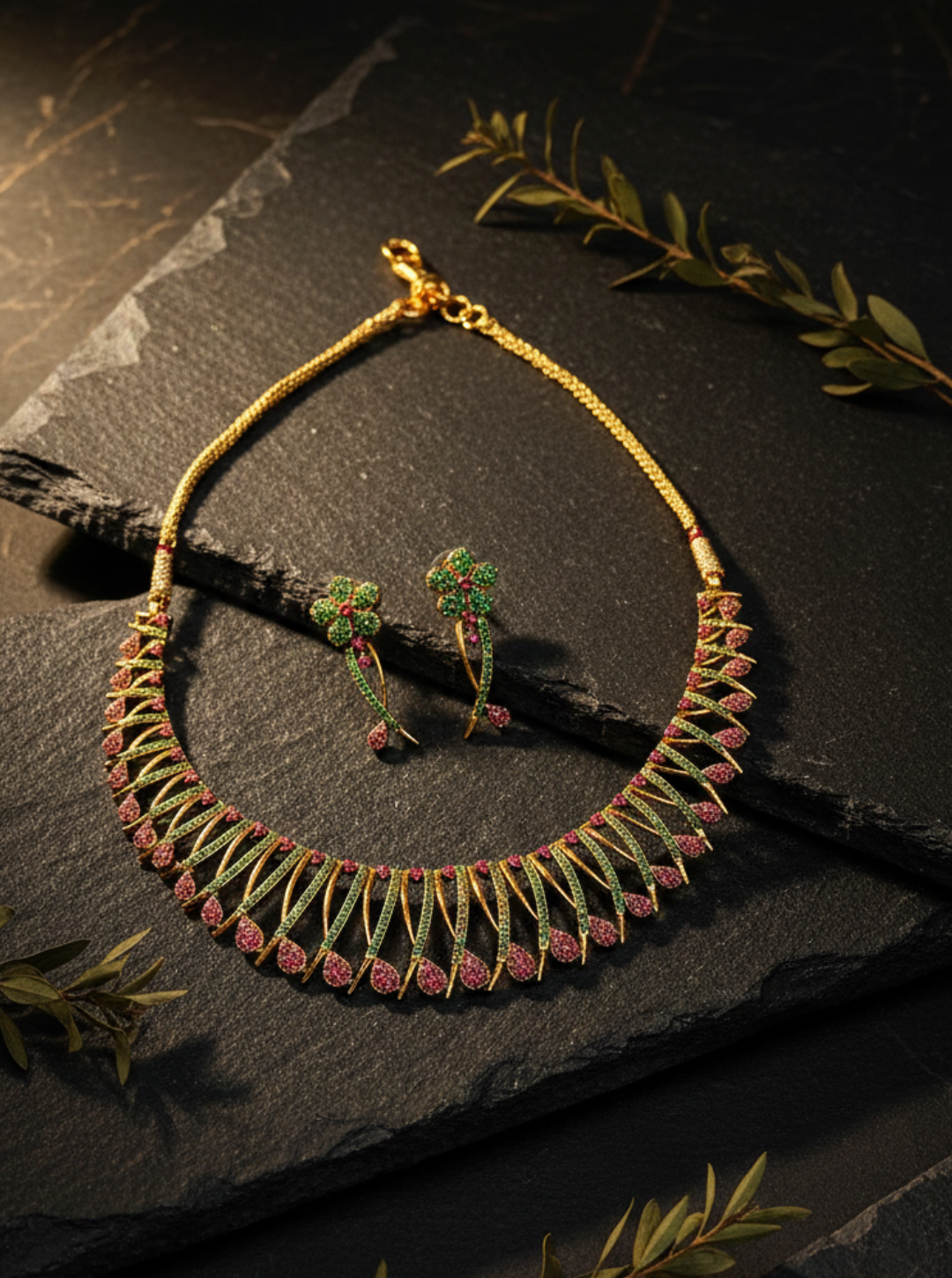 MEGHANA PINK GREEN LEAF DESIGN NECKLACE