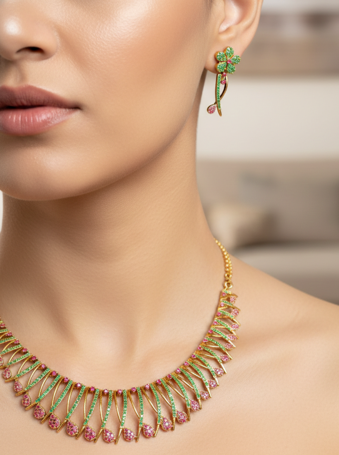 MEGHANA PINK GREEN LEAF DESIGN NECKLACE