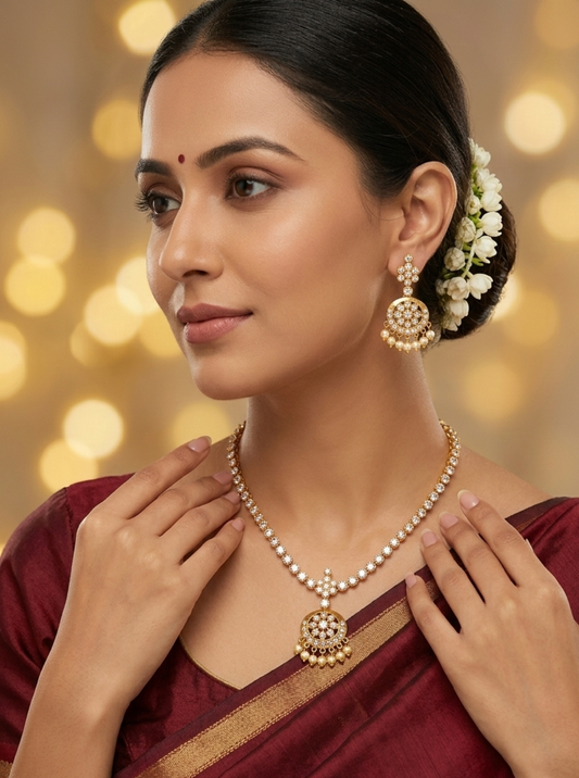 American diamond necklace set with pearl drop pendant and earrings