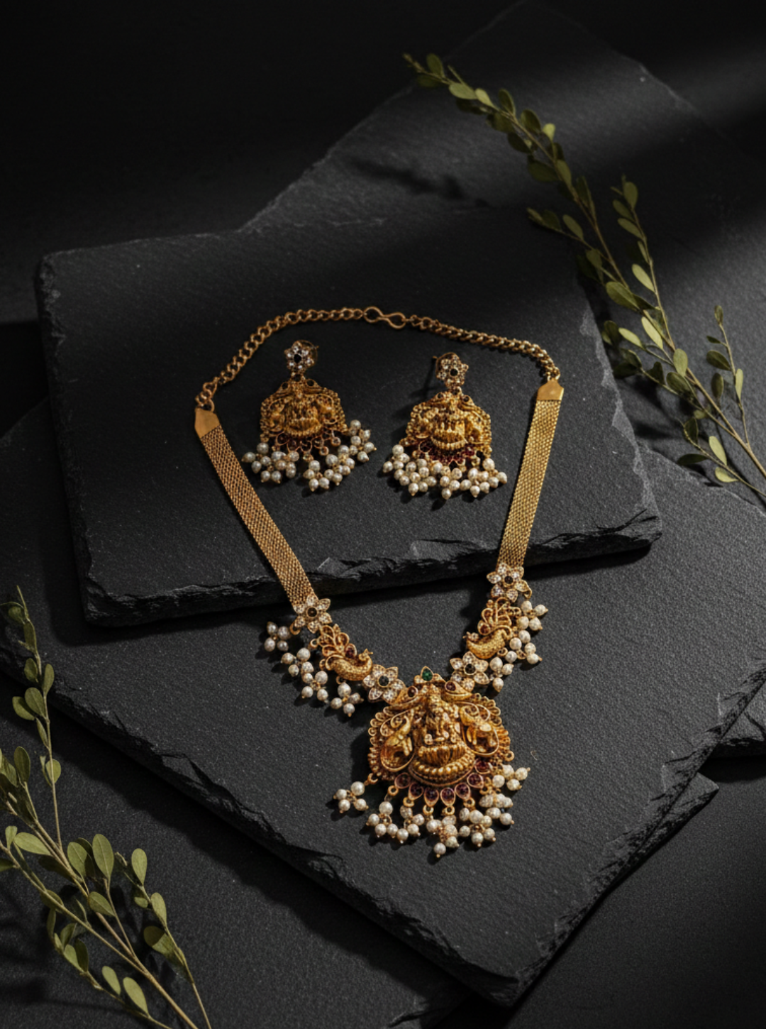 SAANVIKA LAKSHMI PEARL TEMPLE NECKLACE SET